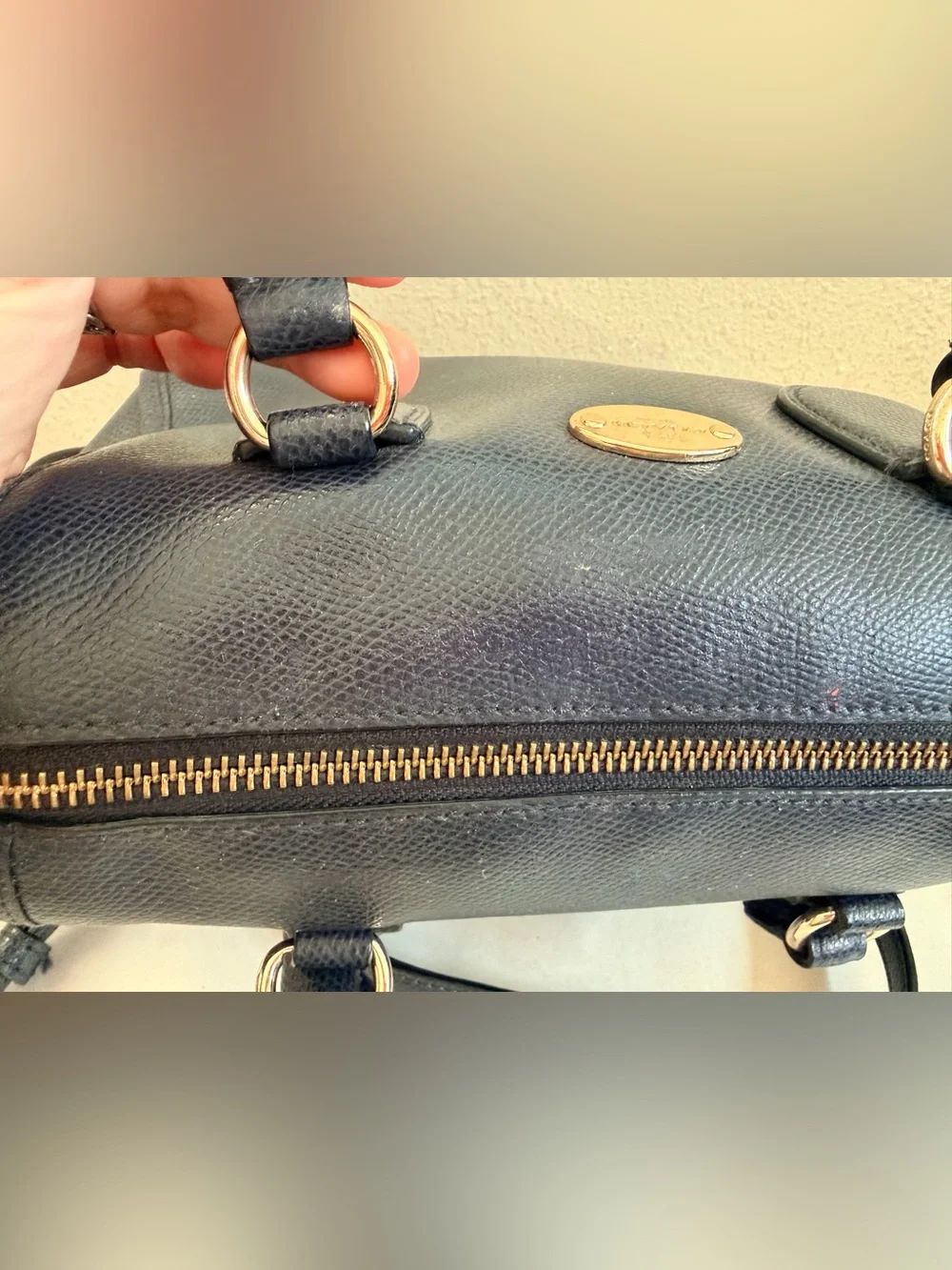 Coach Navy Blue Small Satchel Detachable Crossbody Strap Textured Leather